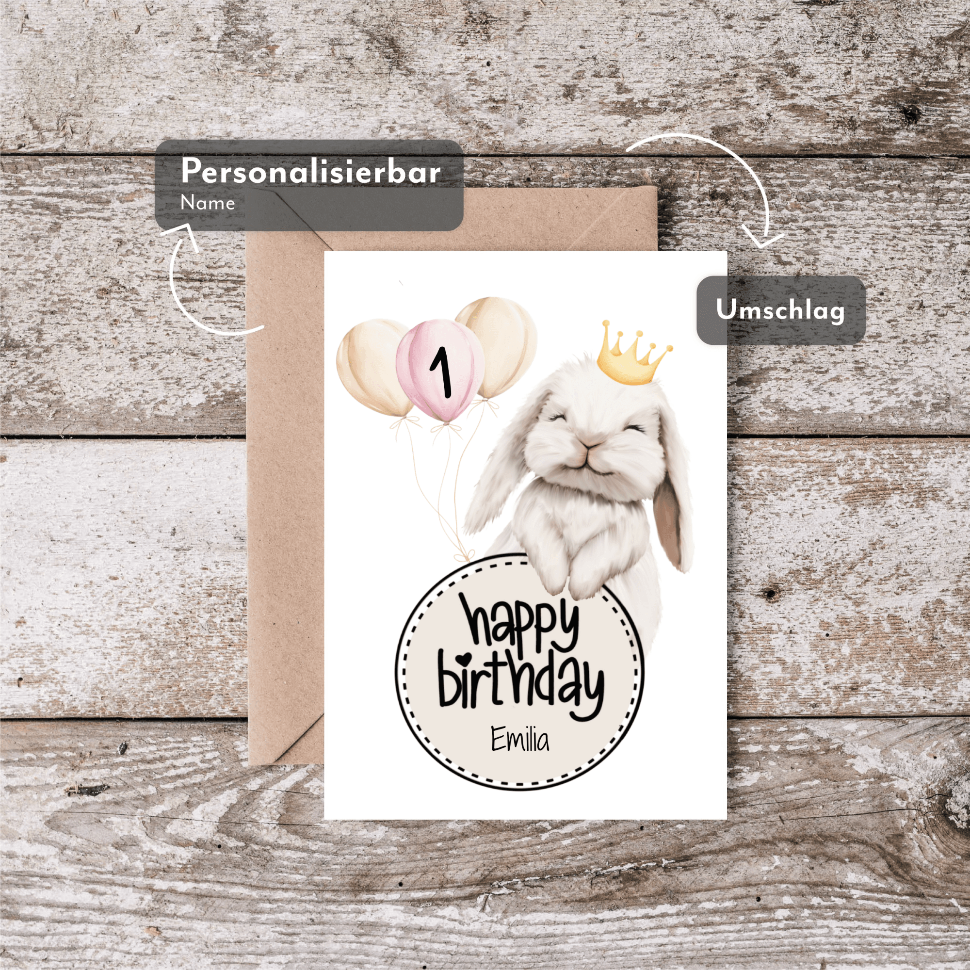Geburtstagskarte Kind mit Hase im Skandi Stil – personalisiert mit Name & Alter