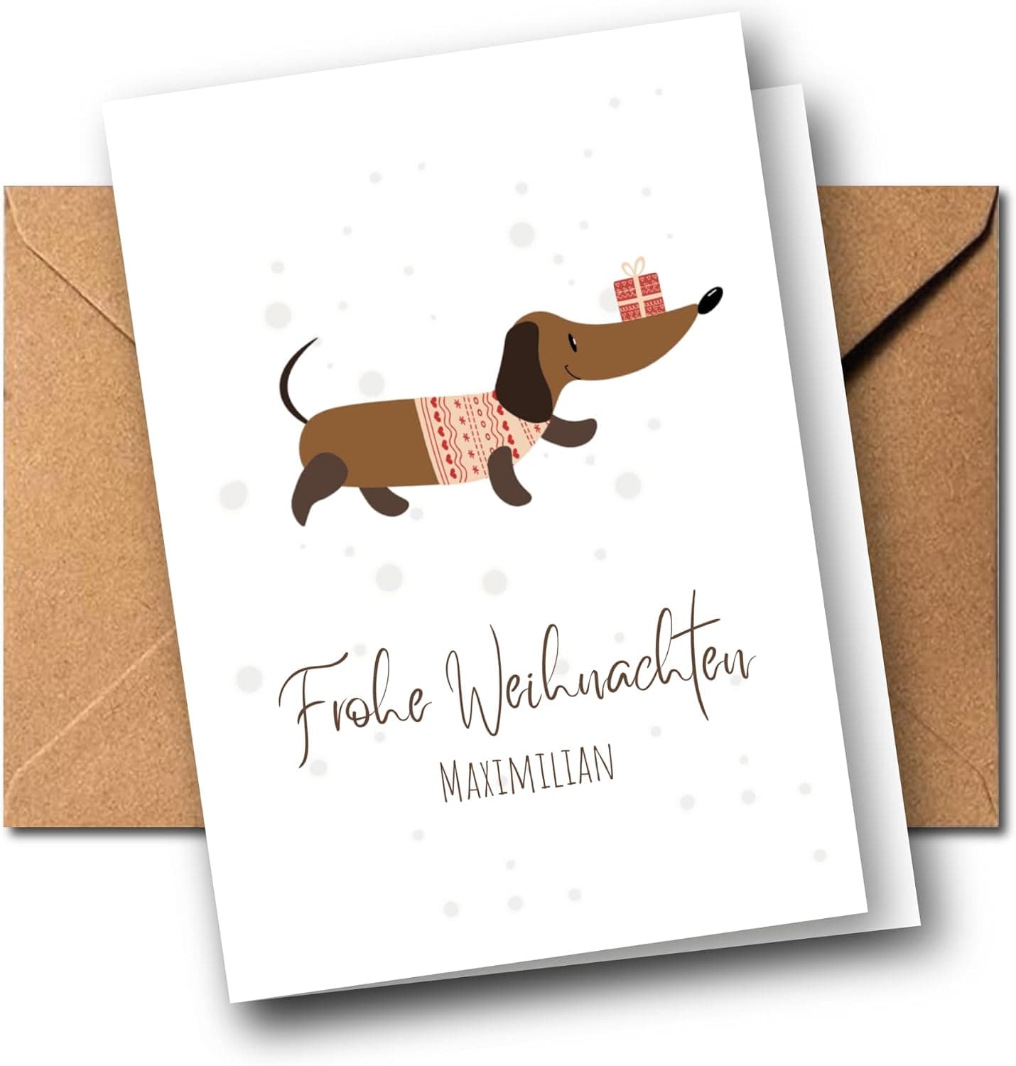 Personalisierte Weihnachtskarte Dackel – drei Motive – Dackel mit Geschenk