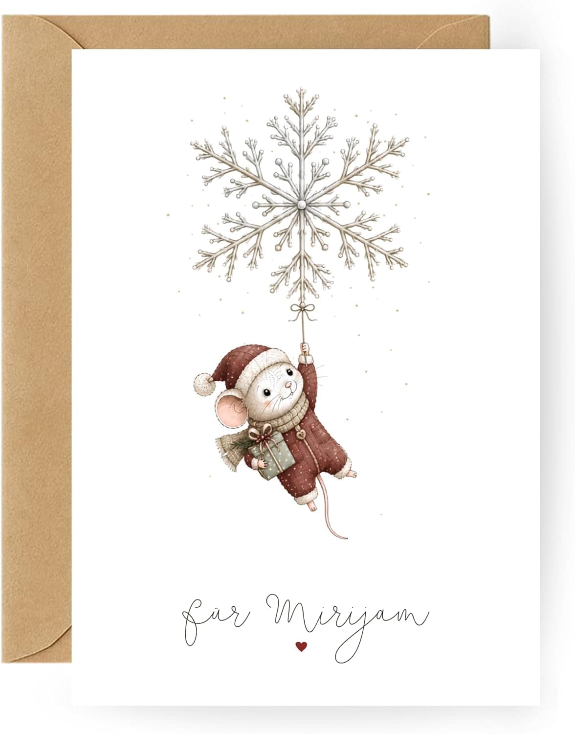 Personalisierte Weihnachtskarte Maus an der Schneeflocke
