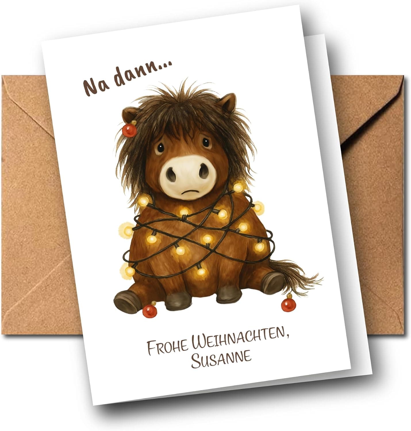 Personalisierte Weihnachtskarte Pony „Na dann … Frohe Weihnachten“