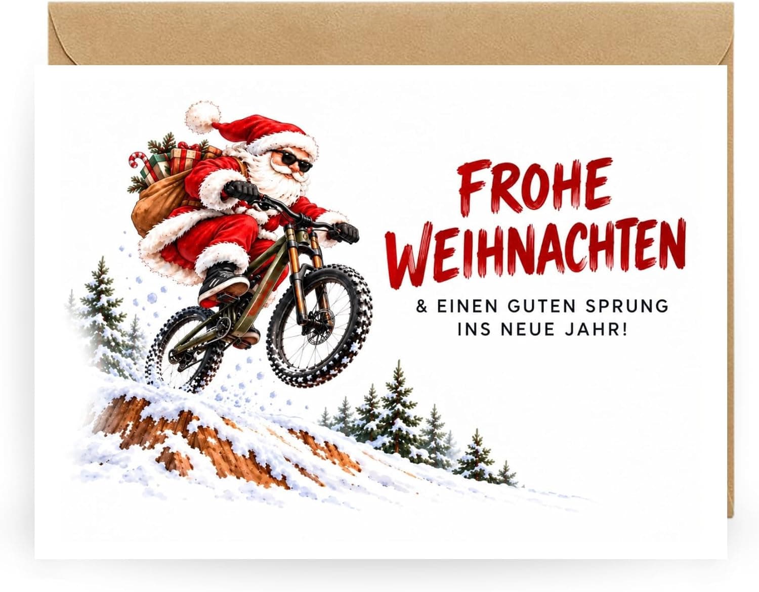 Lustige Weihnachtskarte Santa auf dem Mountainbike oder Ski
