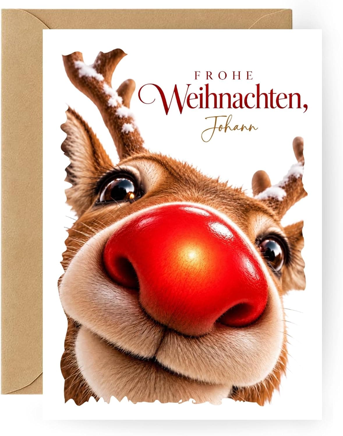 Personalisierte Weihnachtskarte Rentier mit roter Nase – Rentier