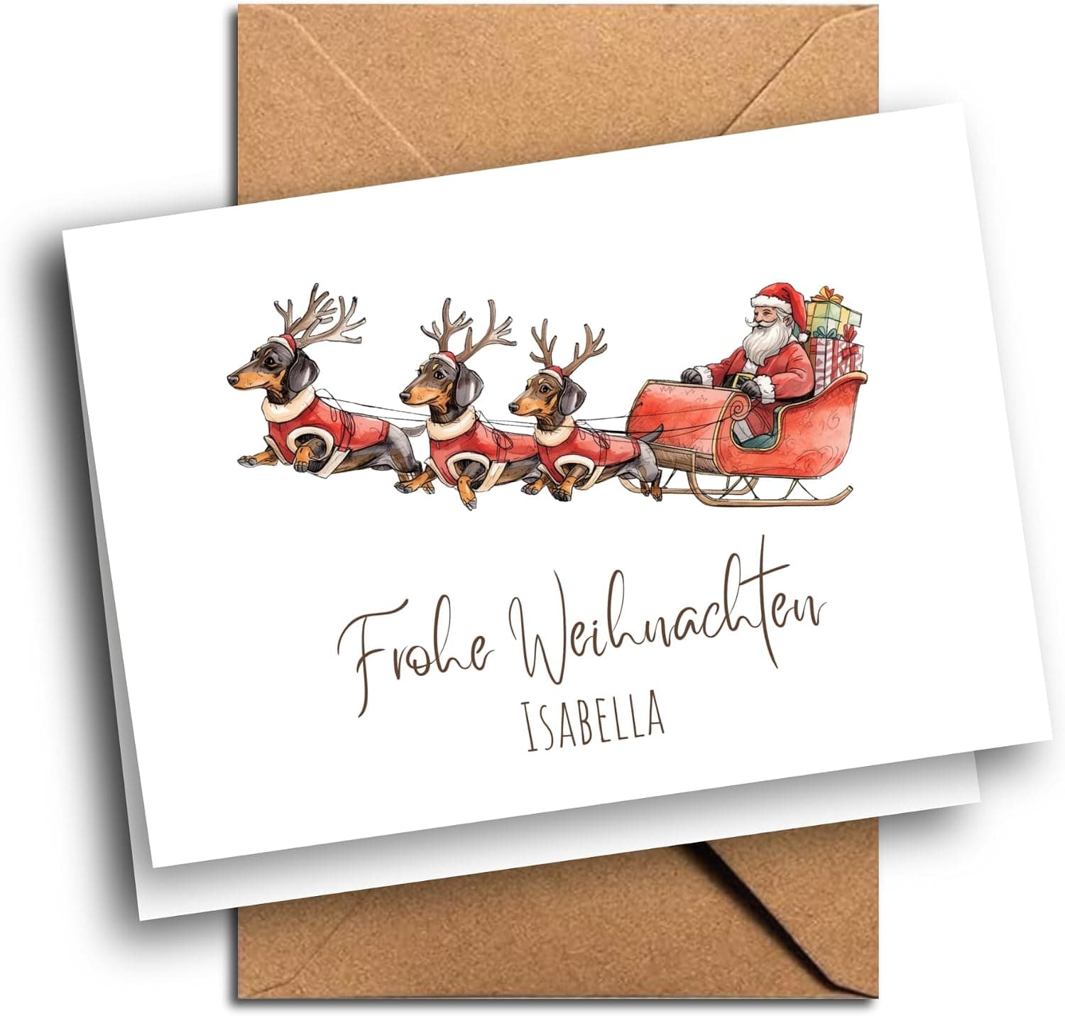 Personalisierte Weihnachtskarte „3 Dackel als Rentiere“ mit Name