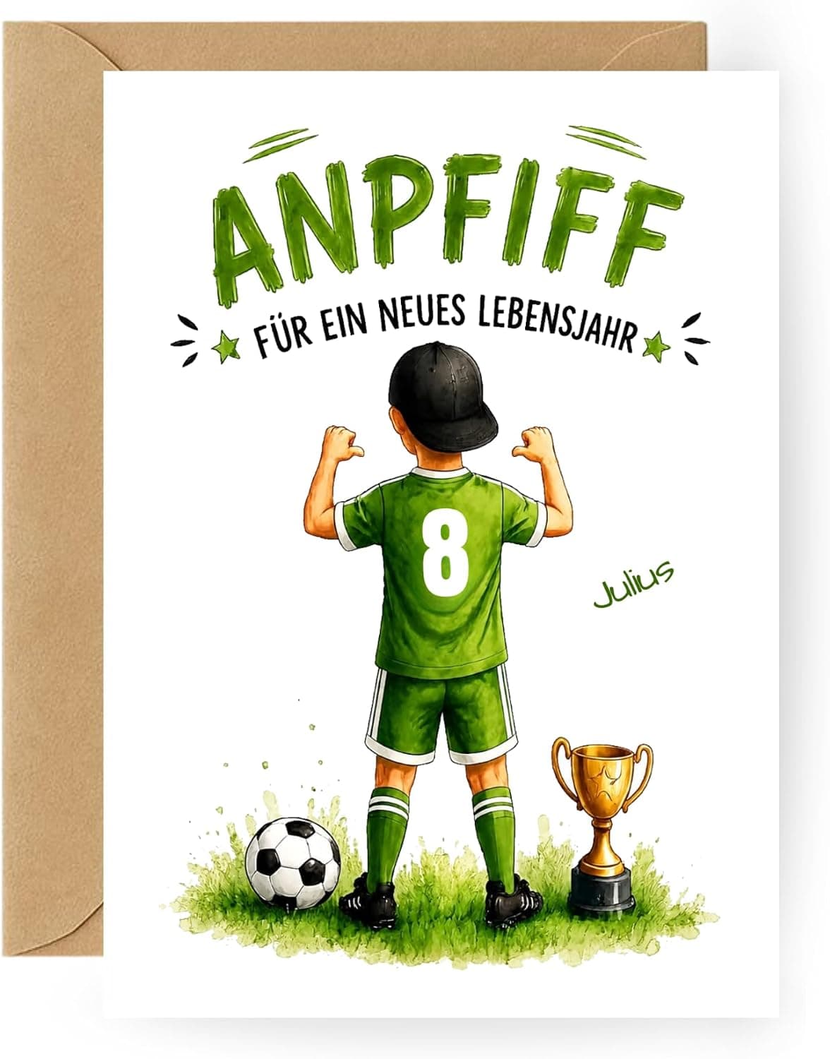 Geburtstagskarte Junge Fußball mit Name & Alter grün