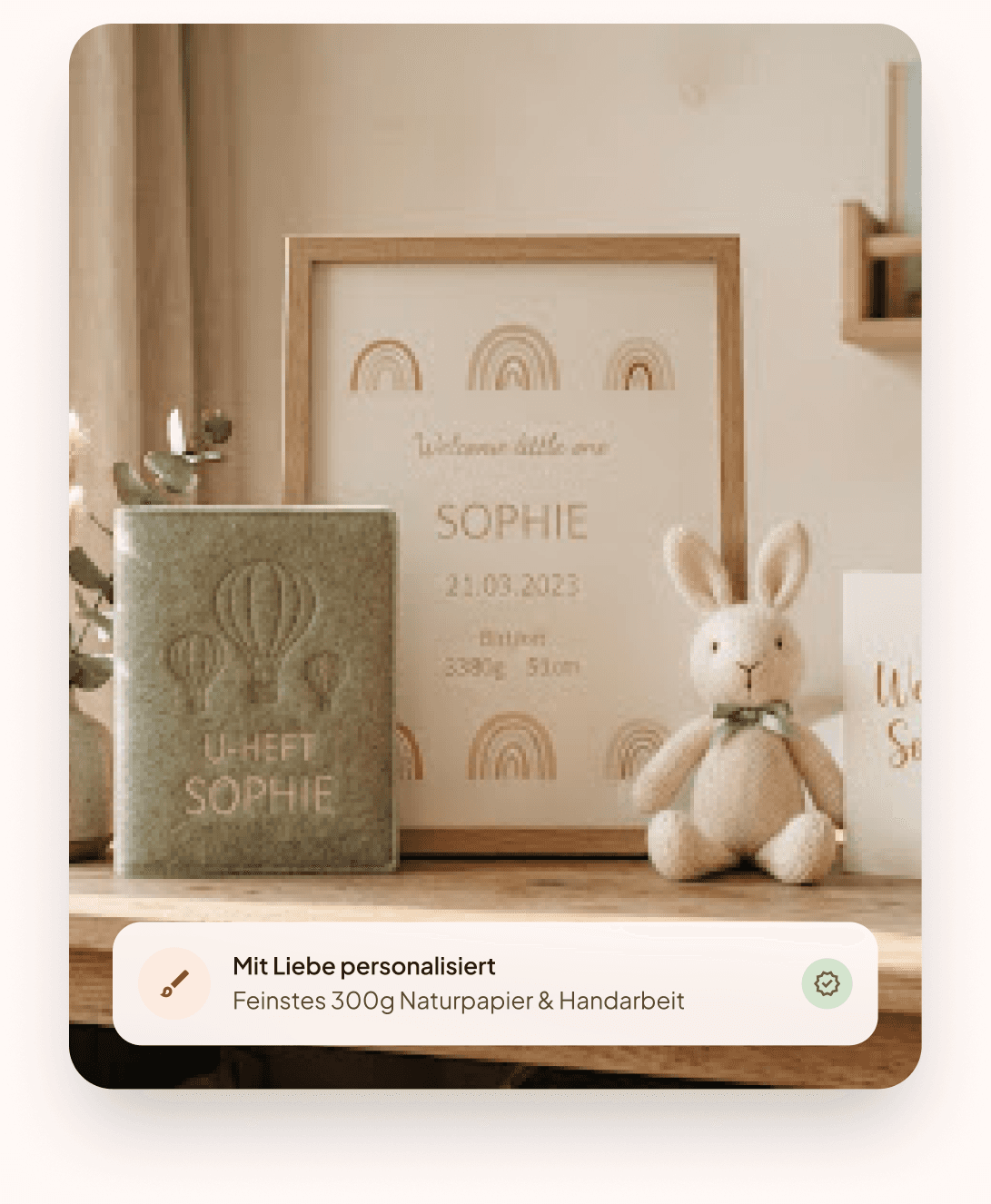 Personalisiertes Geburtsdaten-Poster und U-Heft-Hülle Sophie mit Kuschelhase